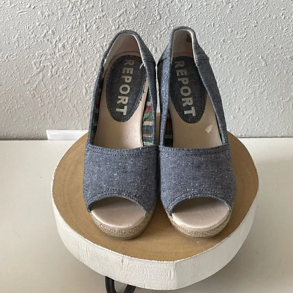 EUC Report Womens Denim Open Toed Wedge Sandals Size 5